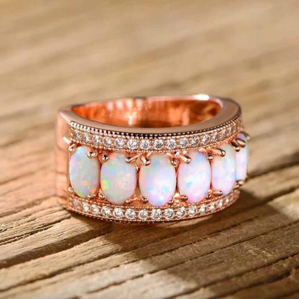 NEW 18k Rose Gold Diamond Opal Ring Band Wide Ring - Picture 3 of 5